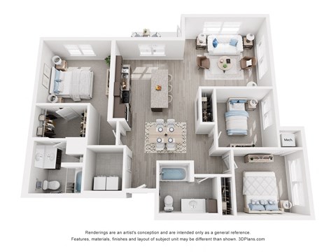Floor plan for 3 beds, 2 baths, 1319 sqft
